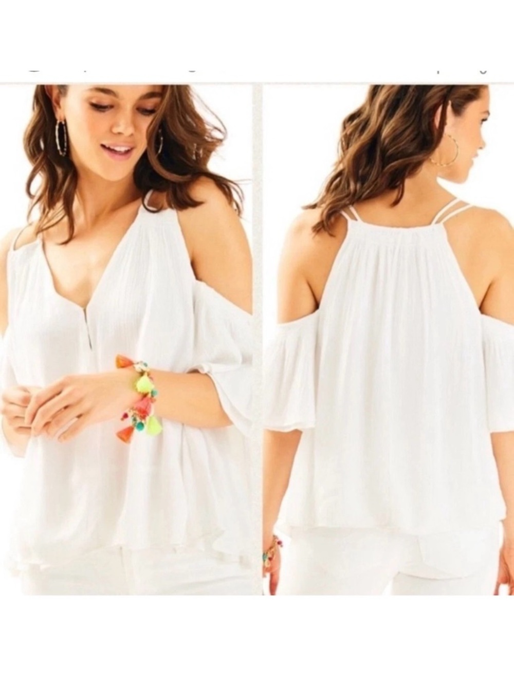 Lilly Pulitzer Bellamie Cold Shoulder Top White Rayon Gauze Size L EUC